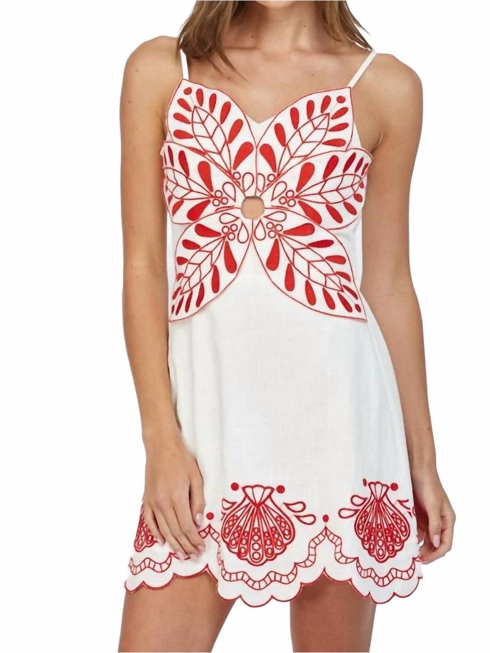 White Sundress with Red Embroidered Floral Cutout